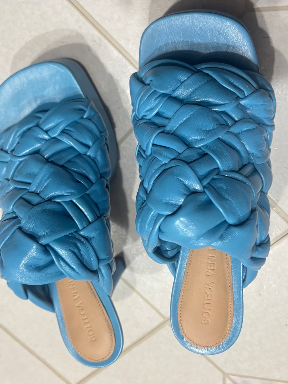 Bottega Veneta Turquoise Braided Leather Slide Mules